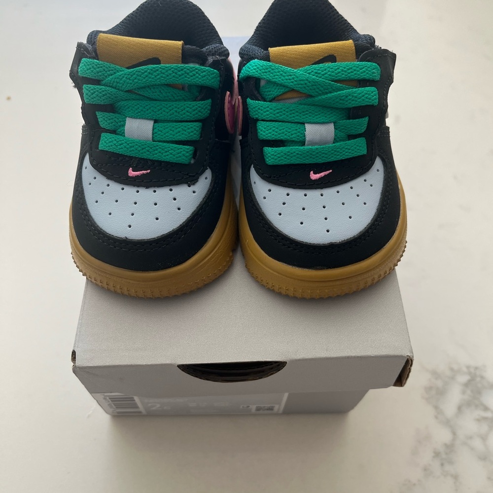 Nike Baby Air Force 1s Black, Green, and Pink Sneakers, Size 2C
